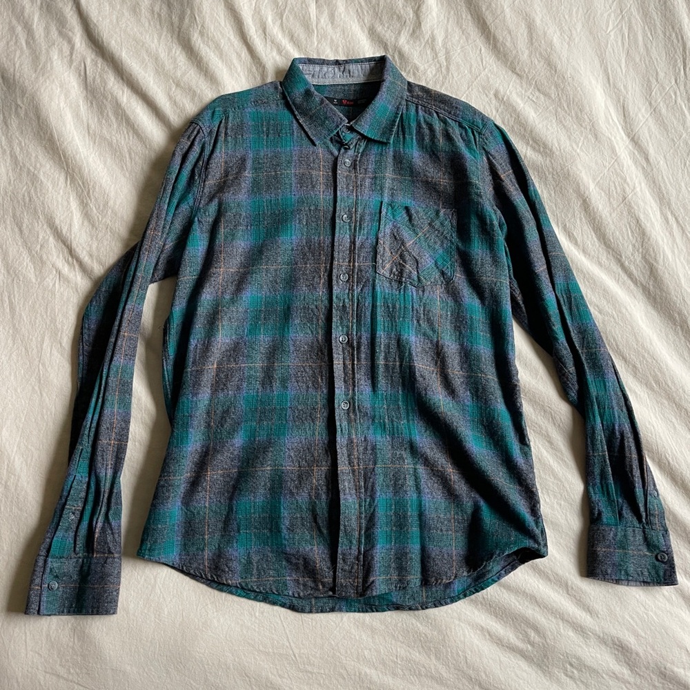 Stoic Men's Green and Gray Plaid Flannel Long Sleeve button up Shirt